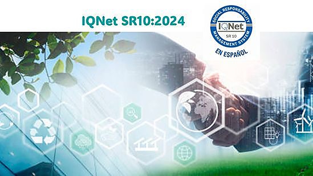 Banner IQNet SR10:2024 con iconos de sostenibilidad, manos, hojas y globo terráqueo.