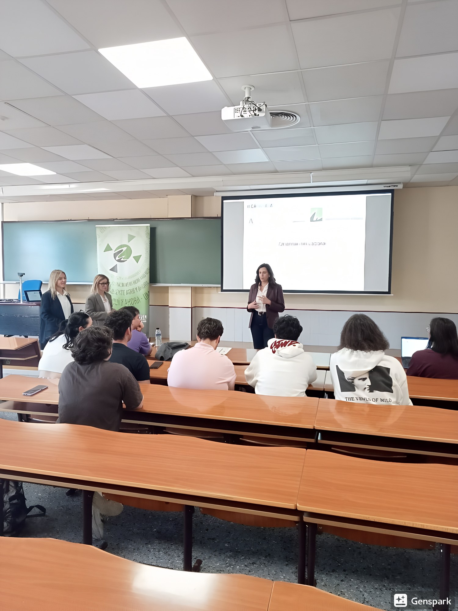 Clase magistral con los alumnos sentados en sus pupitres y un presentador hablando junto a una pantalla proyectada.