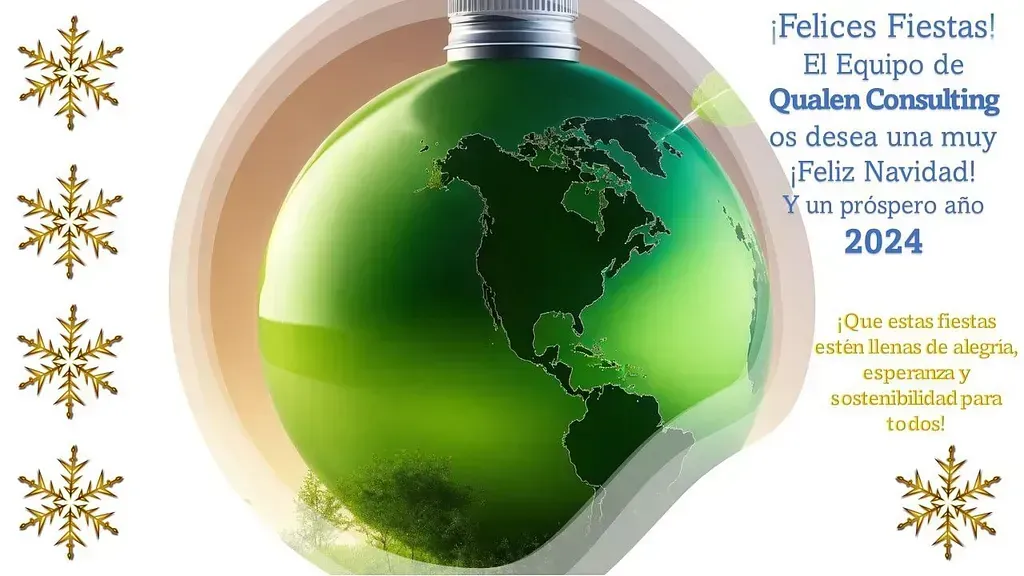 Globo terráqueo verde con adornos navideños, texto y copos de nieve dorados sobre un fondo festivo navideño.
