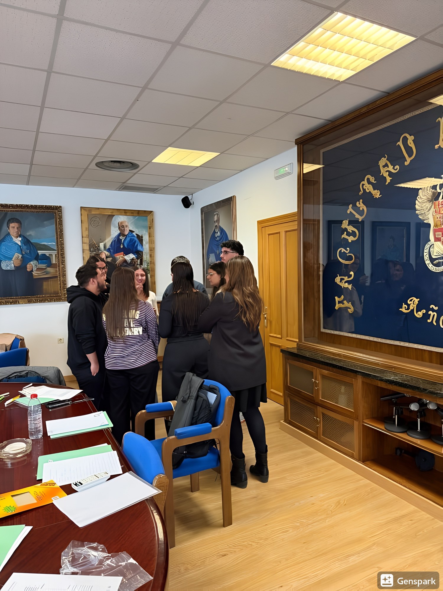 Un pequeño grupo se encuentra en una sala con retratos y una gran vitrina con marcos negros y dorados, reunidos cerca de sillas azules.